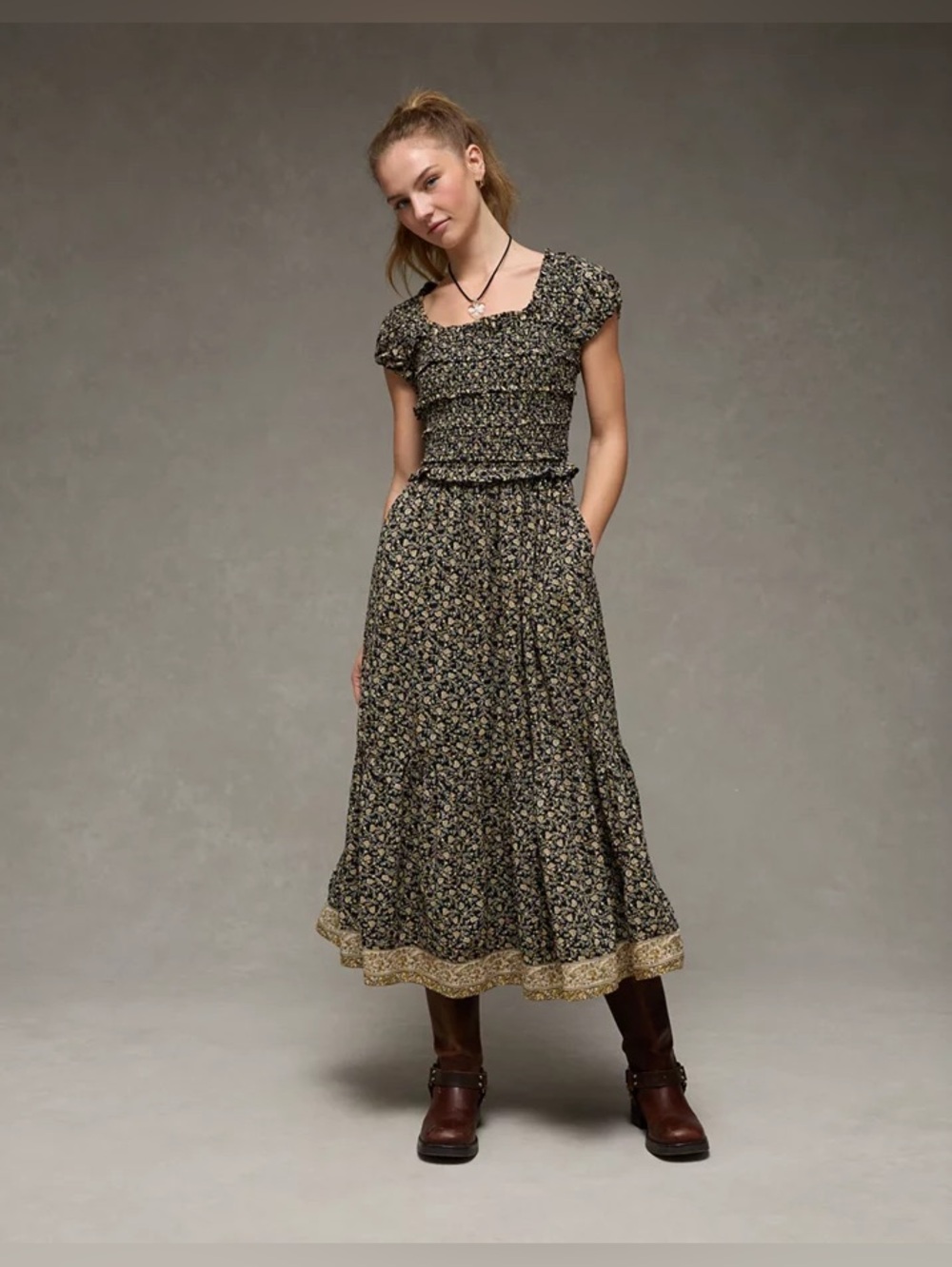 American Eagle Dress Womens Small Black Floral Smocked Midi Boho Cotton
